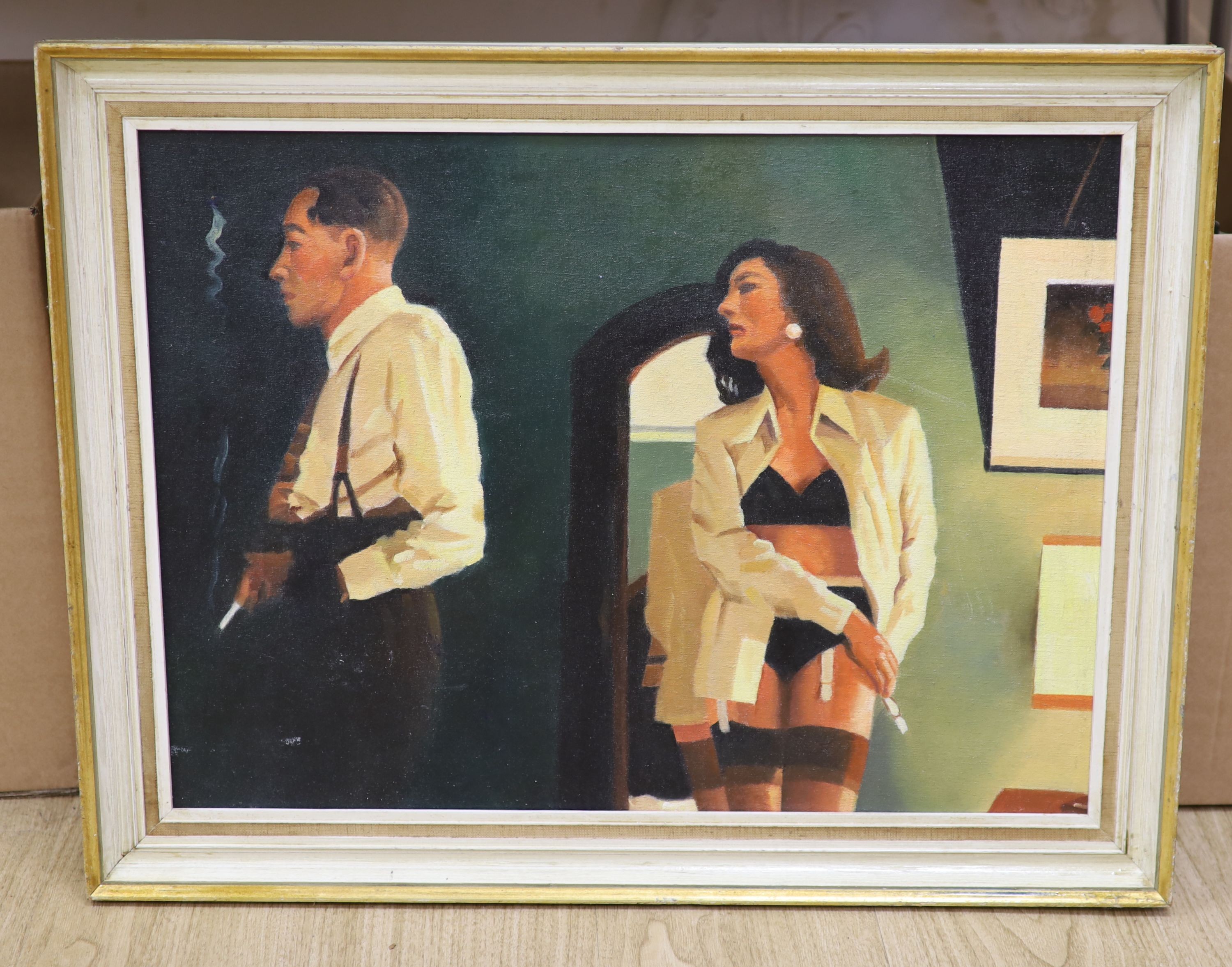 After Jack Vettriano, oil on board, Interior, 44 x 59cm